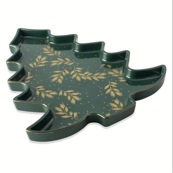 Thyme & Table Holiday Christmas Tree Ceramic Food Serve Tray Platter Green Gold - Picture 4 of 7
